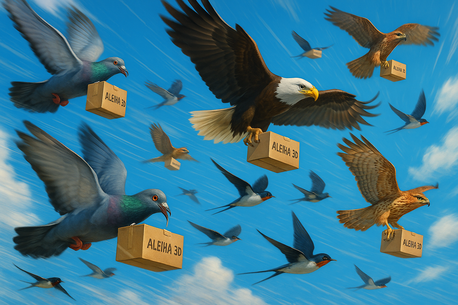 lots of birds carrying aleiha3d's packages and going fast for delivery